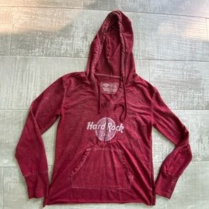 Hard Rock Cafe Hollywood size X-Small V-Neck Burnout Hoodie Maroon Red